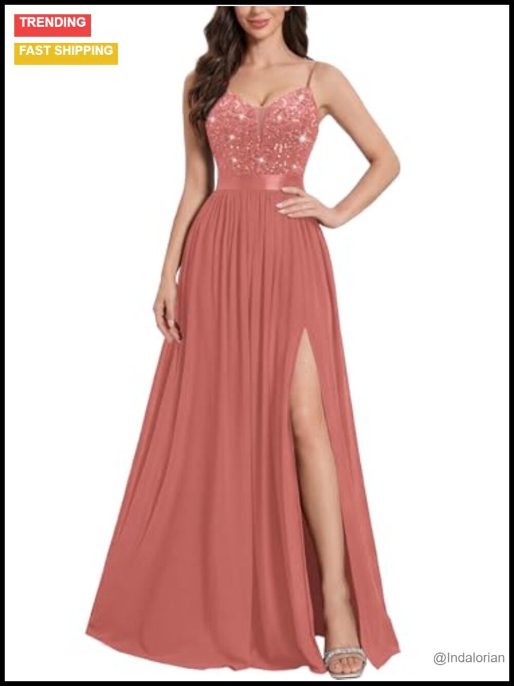 Miusol A-Line V-Neck Sequin High Slit Chiffon Bridesmaid Gown